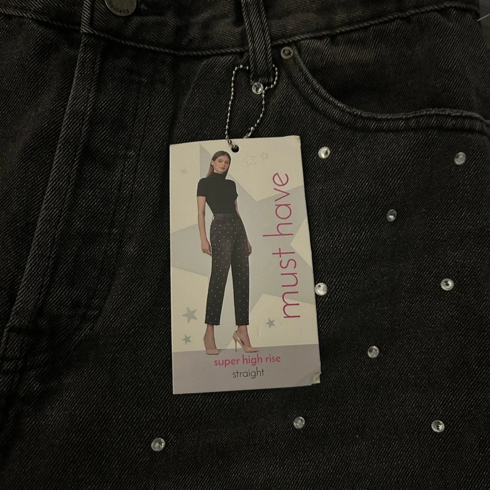 Simple Society Women Jeans Black Denim Rhinestone Polka Dot‎ High Rise Size 32